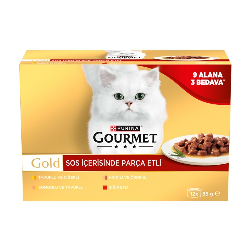 Gourmet Gold Soslu Parça Etli Karışık Çeşitli Yetişkin Kedi Konservesi 12x85gr (12 AL 9 ÖDE)