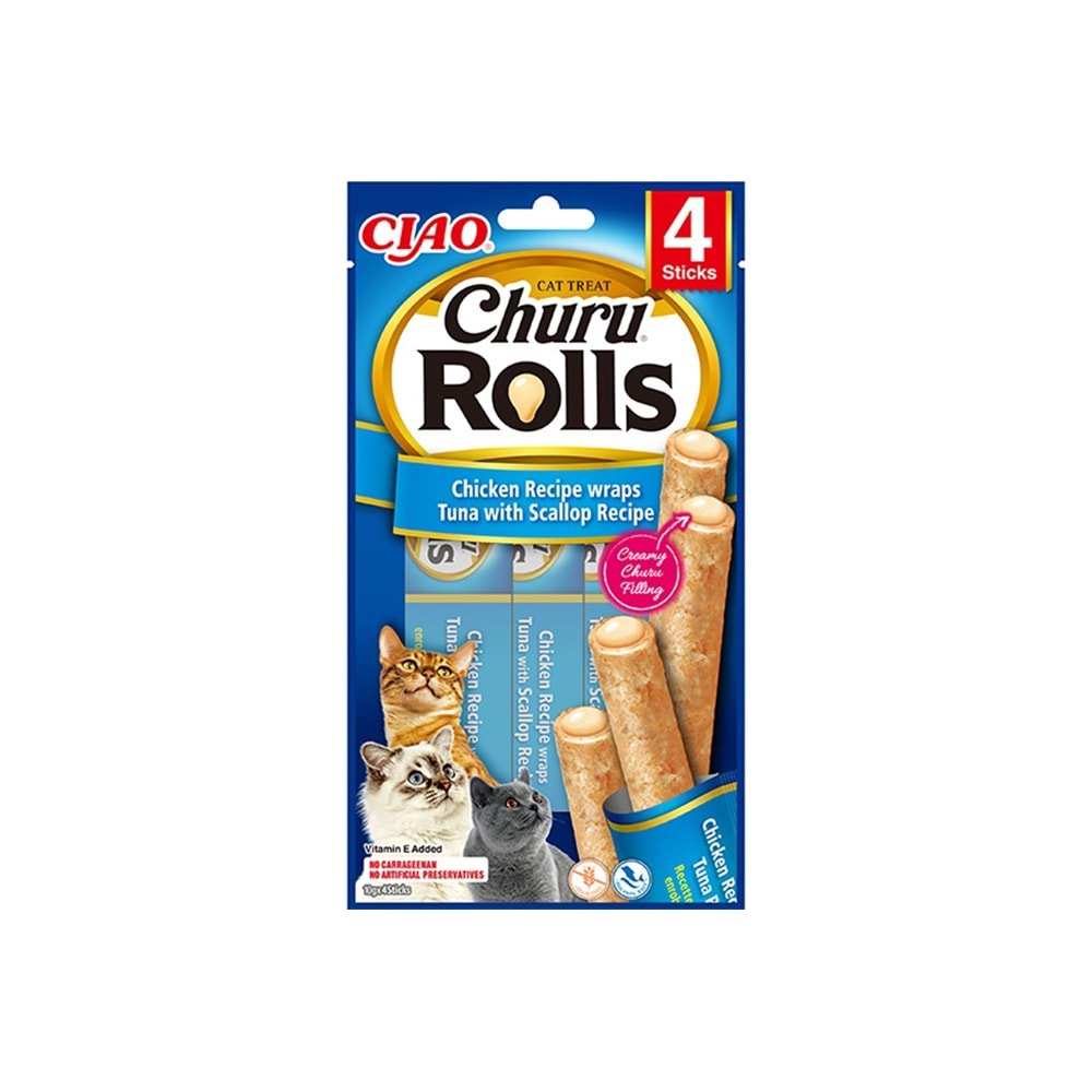 Churu Rols Sticks Deniz Taraklı, Tavuk Sargılı ve Ton Balıklı Kedi Ödül Maması 4x10 GR.