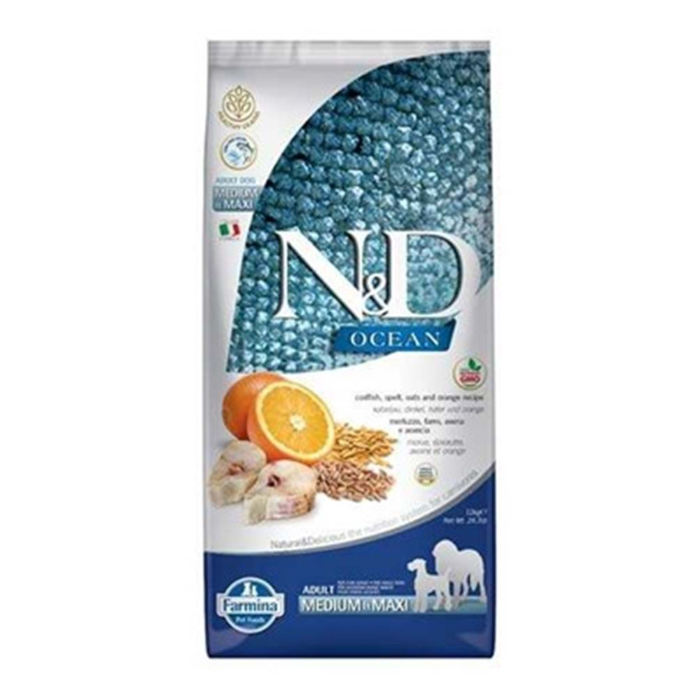 N&D Ocean Morina Balığı, K.Buğday,Yulaf&Port. Adult Med&Maxı 12 Kg