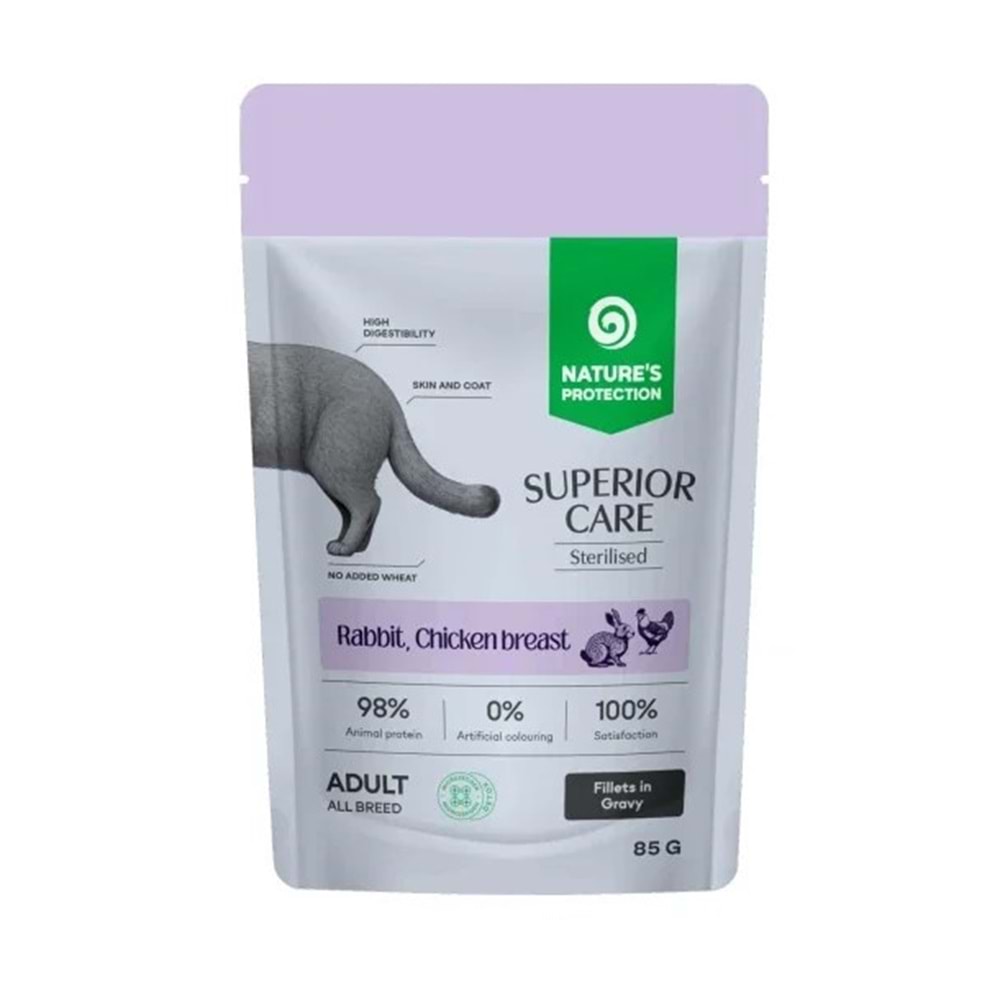 Nature’s Protection SC Tavşanlı & Tavuk Göğüslü Sos İçinde Kısırlaştırılmış Kediler İçin Yaş Kedi Maması 85g
