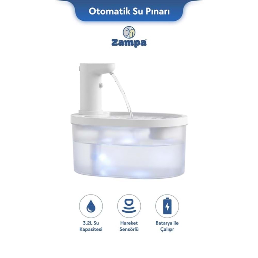 Zampa Oval Pet Otomatik Su Pınarı (Bataryalı) - Beyaz