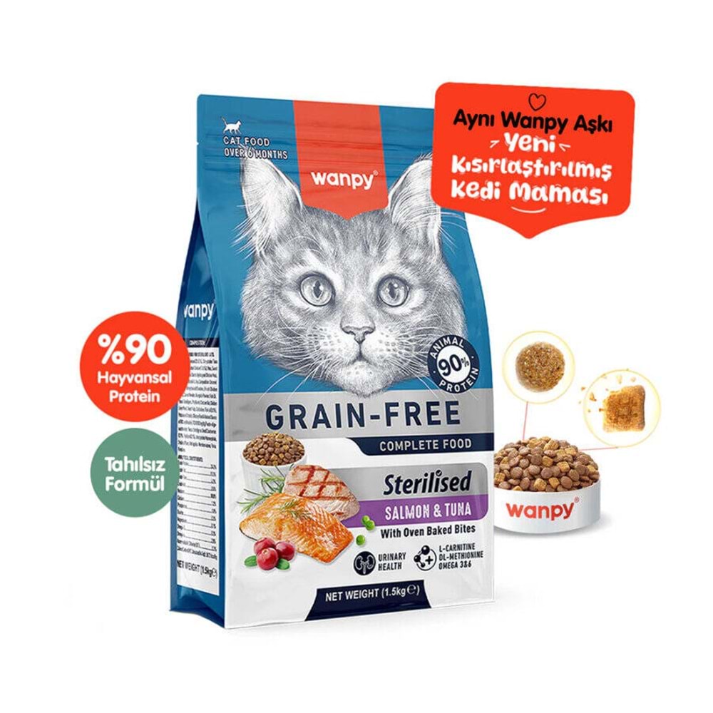 Wanpy Tahılsız Somon&Tuna Kısırlaştırılmış Kedi Maması 1,5 Kg