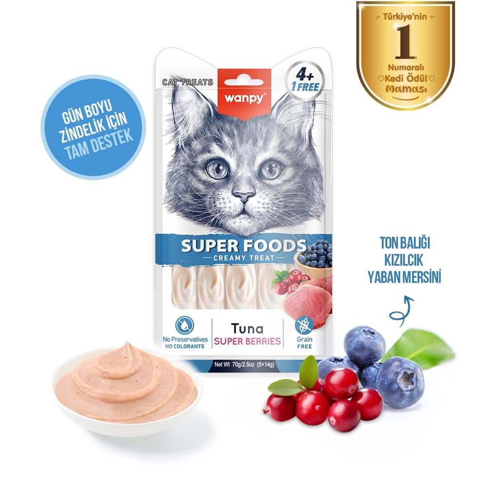 Wanpy Superfood Ton Balıklı,Yaban Mersini&Kızılcıklı Krema Kedi Ödülü 5X14 Gr