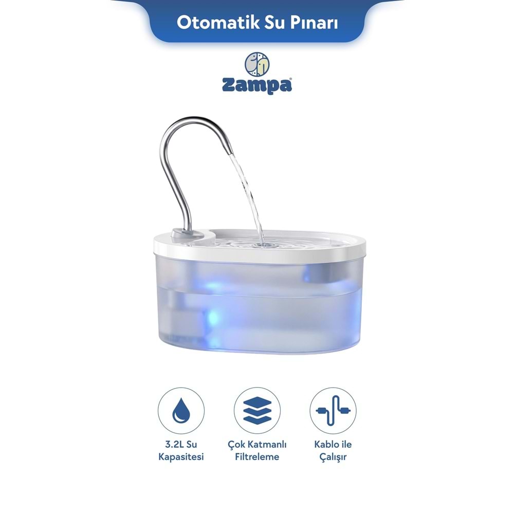 Zampa Oval Pet Otomatik Su Pınarı - Beyaz