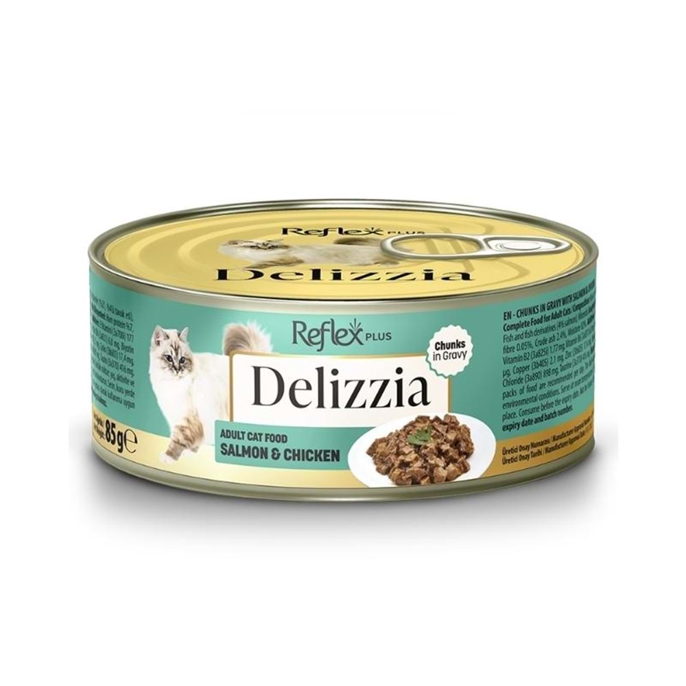 DELIZZIA SOS İÇİNDE PARÇA ETLİ SOMONLU VE TAVUKLU YETİŞKİN KEDİ MAMASI 85GR