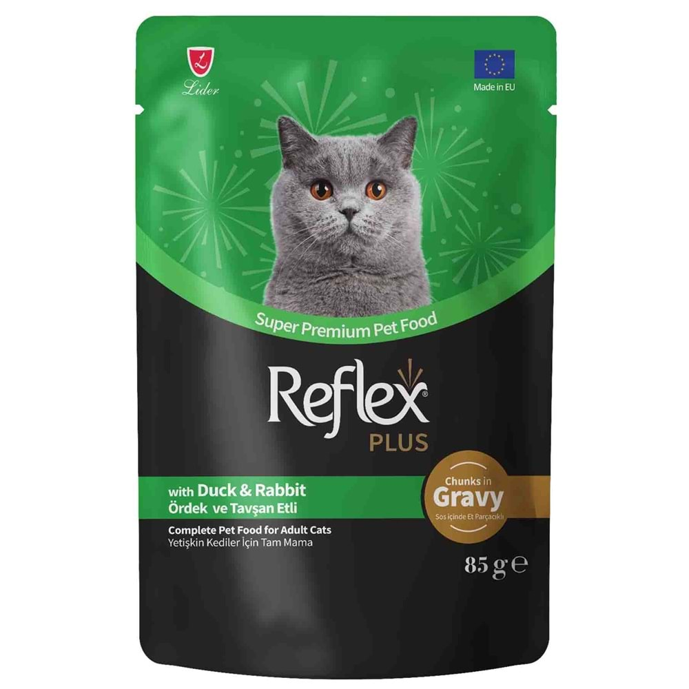 Reflex Plus Sos İçinde Et Parçacıklı Ördekli&Tavşanlı Yetişkin Kedi Maması 85 G