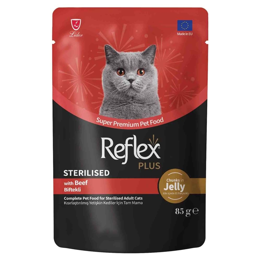 Reflex Plus Jöle İçinde Et Parçacıklı Biftekli Kısırlaştırılmış Yetişkin Kedi Maması 85 G