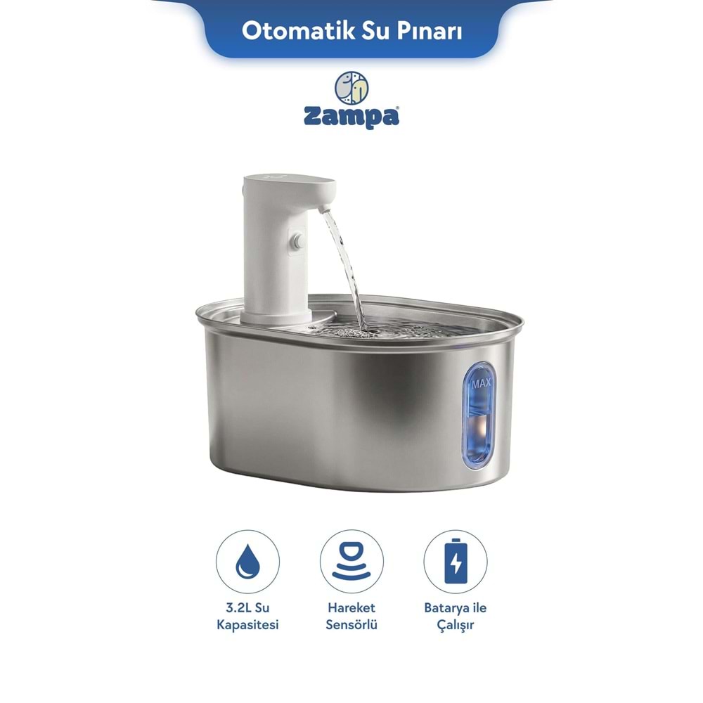 Zampa Oval Paslanmaz Çelik Pet Otomatik Su Pınarı (Bataryalı)