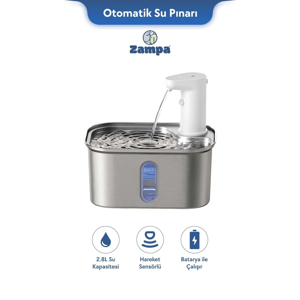 Zampa Kare Paslanmaz Çelik Pet Otomatik Su Pınarı (Bataryalı)
