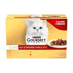 Gourmet Gold Soslu Parça Etli Karışık Çeşitli Yetişkin Kedi Konservesi 12x85gr (12 AL 9 ÖDE)