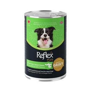 Reflex Plus Sos İçinde Et Parçacıklı Beyaz Balıklı Ve Tatlı Patatesli Yetişkin Köpek Maması 400 G