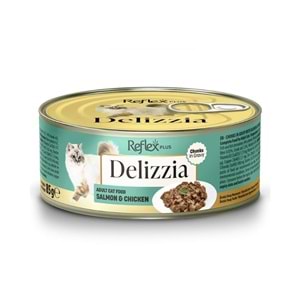 DELIZZIA SOS İÇİNDE PARÇA ETLİ SOMONLU VE TAVUKLU YETİŞKİN KEDİ MAMASI 85GR