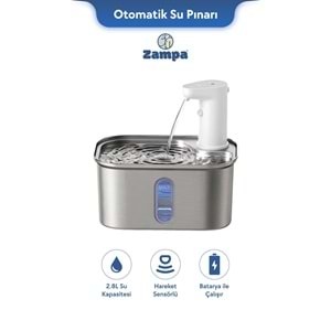 Zampa Kare Paslanmaz Çelik Pet Otomatik Su Pınarı (Bataryalı)