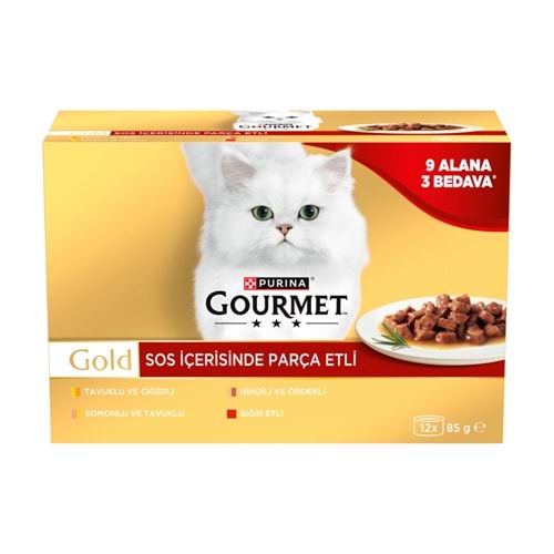 Gourmet Gold Soslu Parça Etli Karışık Çeşitli Yetişkin Kedi Konservesi 12x85gr (12 AL 9 ÖDE)