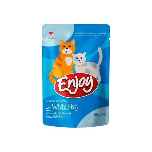 Enjoy Pouch Sos İçinde Et Parçacıklı Beyaz Balıklı Yetişkin Kedi Maması 85 gr