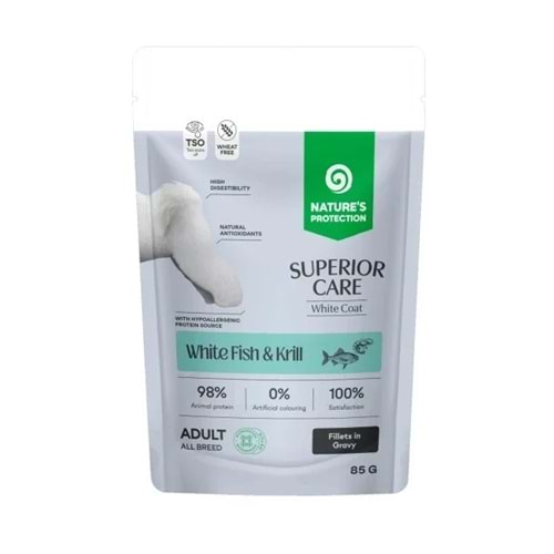 Nature’s Protection SC Beyaz Tüylü Köpekler İçin Beyaz Balıklı & Krilli Sos İçinde Yaş Köpek Maması 85g