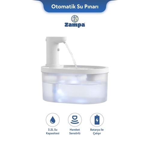 Zampa Oval Pet Otomatik Su Pınarı (Bataryalı) - Beyaz