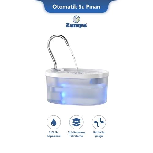 Zampa Oval Pet Otomatik Su Pınarı - Beyaz