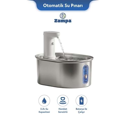 Zampa Oval Paslanmaz Çelik Pet Otomatik Su Pınarı (Bataryalı)