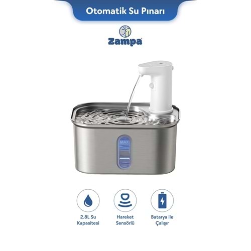 Zampa Kare Paslanmaz Çelik Pet Otomatik Su Pınarı (Bataryalı)