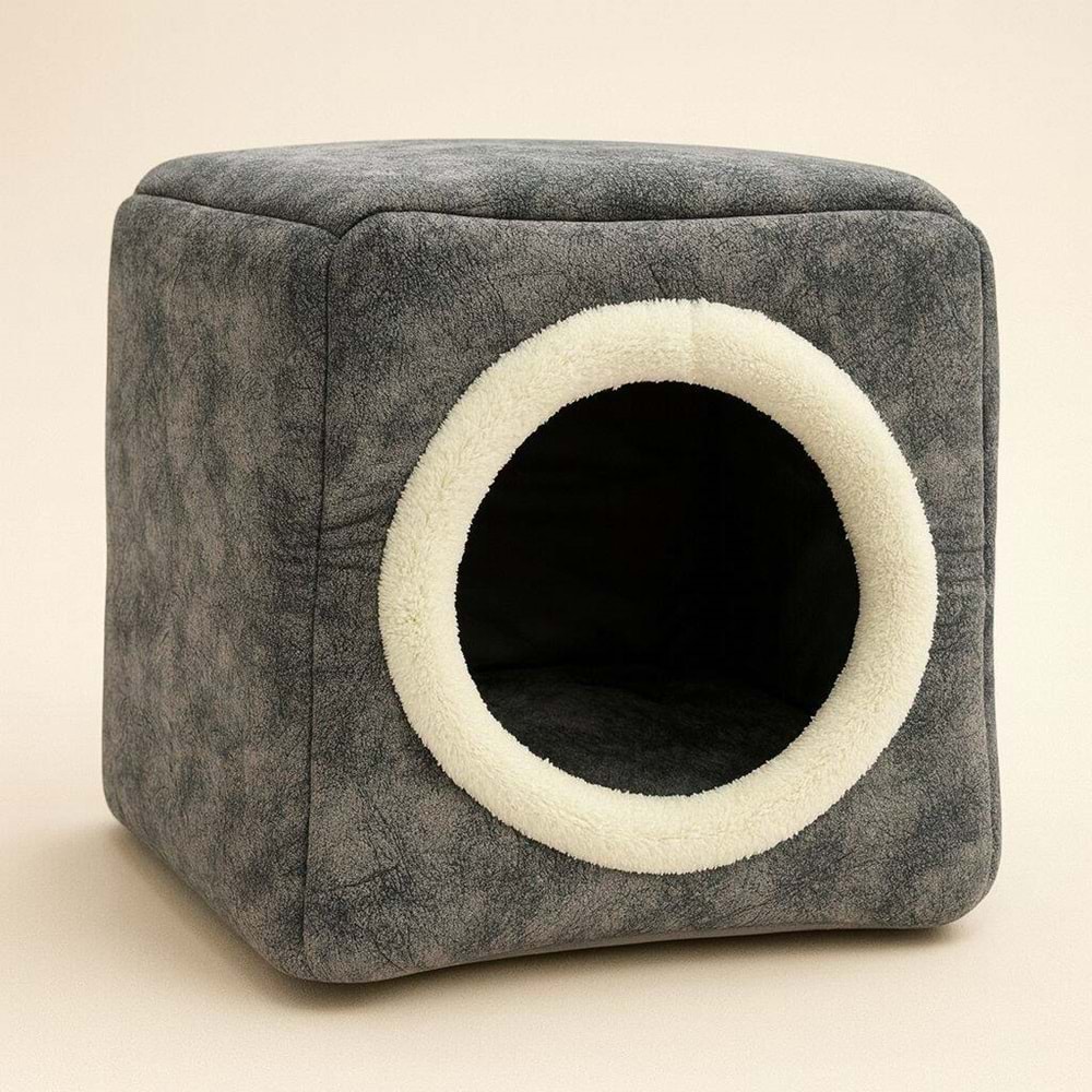 Üç Fonksiyonlu Peluş Yuva Gri Yatak 42X42X40 Cm