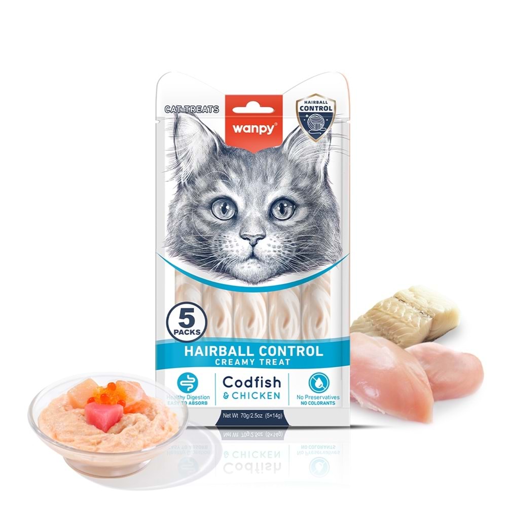Wanpy Hairball Control Morina Balığı&Tavuk F.Krema Ödül 5X14Gr